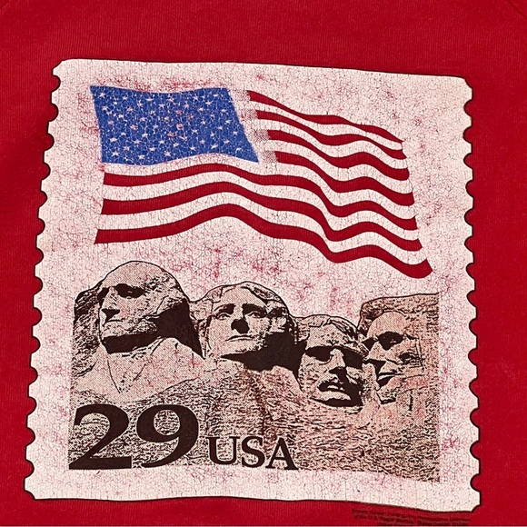 Vintage 90s Mount Rushmore 29 Cent USA Stamp 1991 Red Crewneck Sweatshirt - Picture 3 of 5
